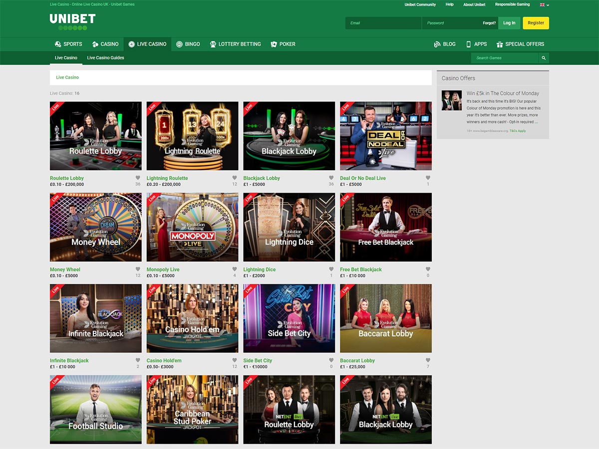 Unibet Casino Live Casino Page