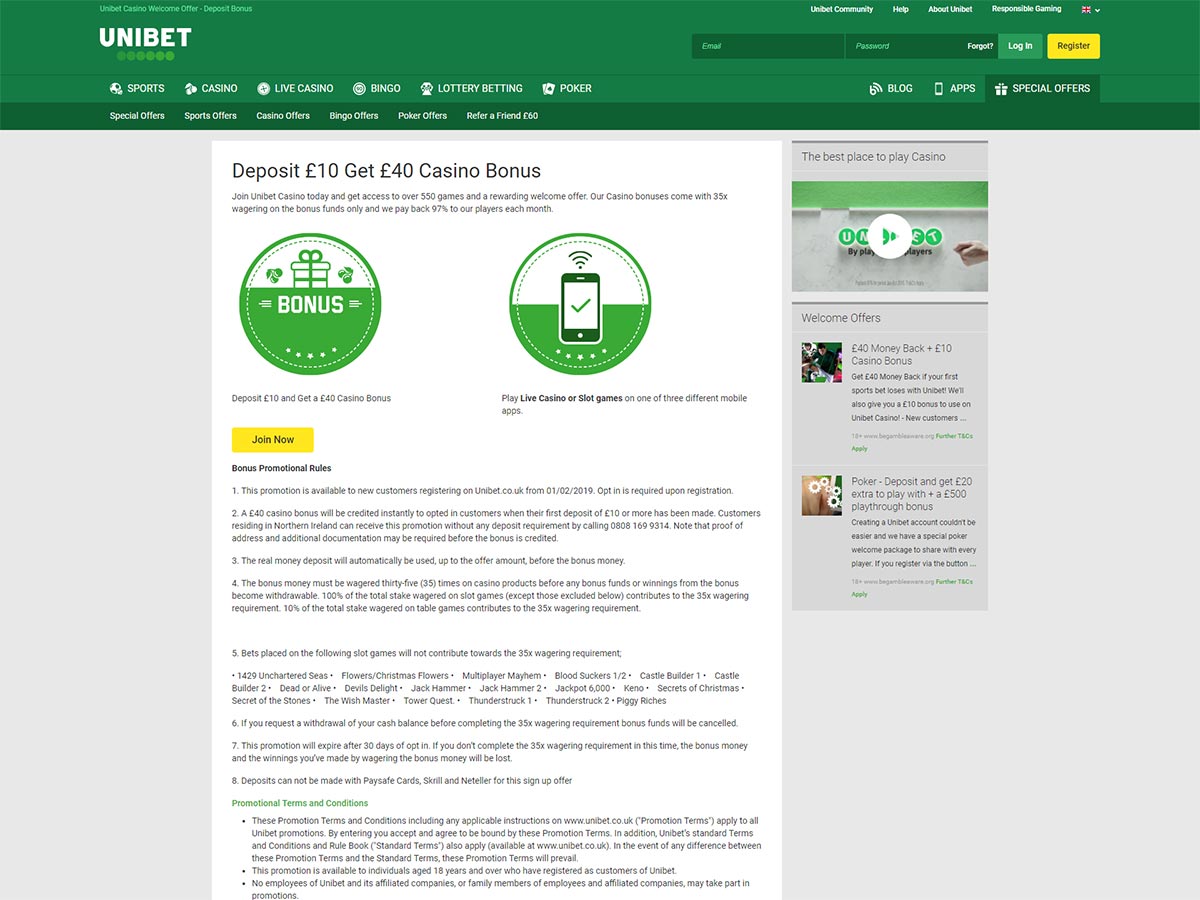 Unibet Casino Welcome Offer